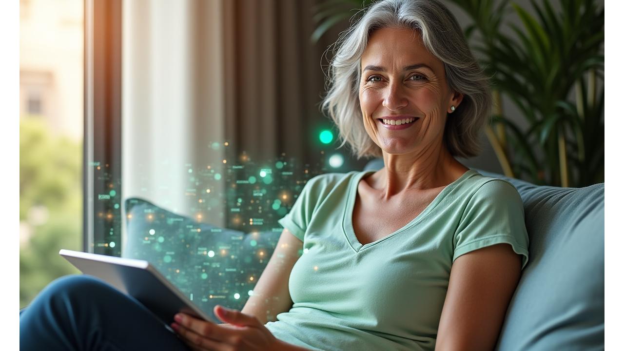 Donna di 40 anni che legge su un tablet, circondata da grafici di salute e icone di benessere digitali, con un'atmosfera luminosa e moderna.