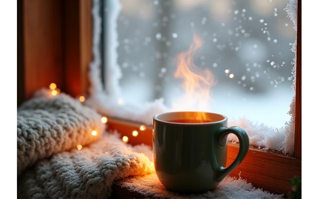 Tazza fumante di tè alle erbe su davanzale innevato, con luce calda che filtra, per il benessere invernale.