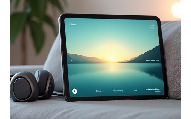 Schermo di tablet con un'app di meditazione aperta, che mostra un paesaggio sereno e cuffie vicine.