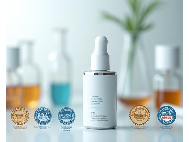 Certificazioni di qualità, distintivi e simboli di test di laboratorio, disposti attorno a un prodotto wellness che simboleggia purezza e trasparenza.